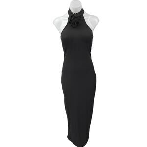 NA-KD Black Sleeveless Rose Halter High Neck Slit Midi Maxi Bodycon Dress XS